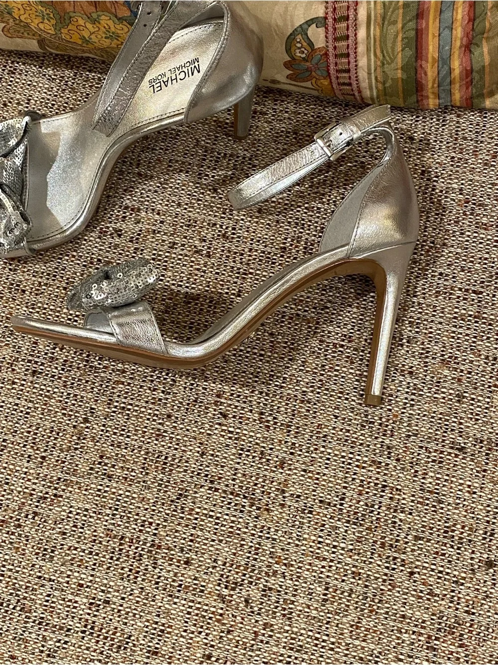 Michael Kors Silver Sequin Bow Ankle Strap Heels